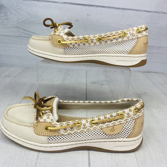Sperry Top Sider Women Anchor Print 61428 Beige Leather Mesh Boat Loafer Sz 6 M - Picture 2 of 15